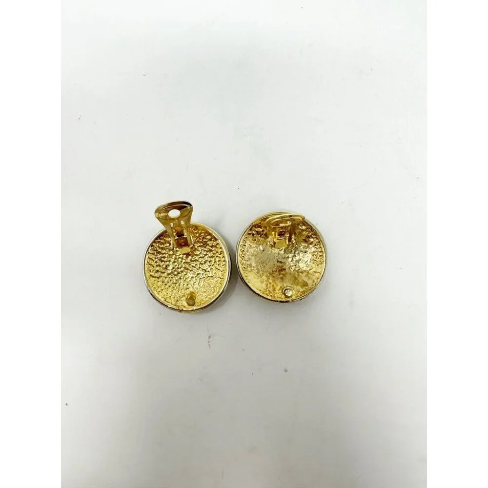 Chanel Vintage 80s CC Logo Gold Tone Black Enamel Metal Round Clip‎ On Earrings